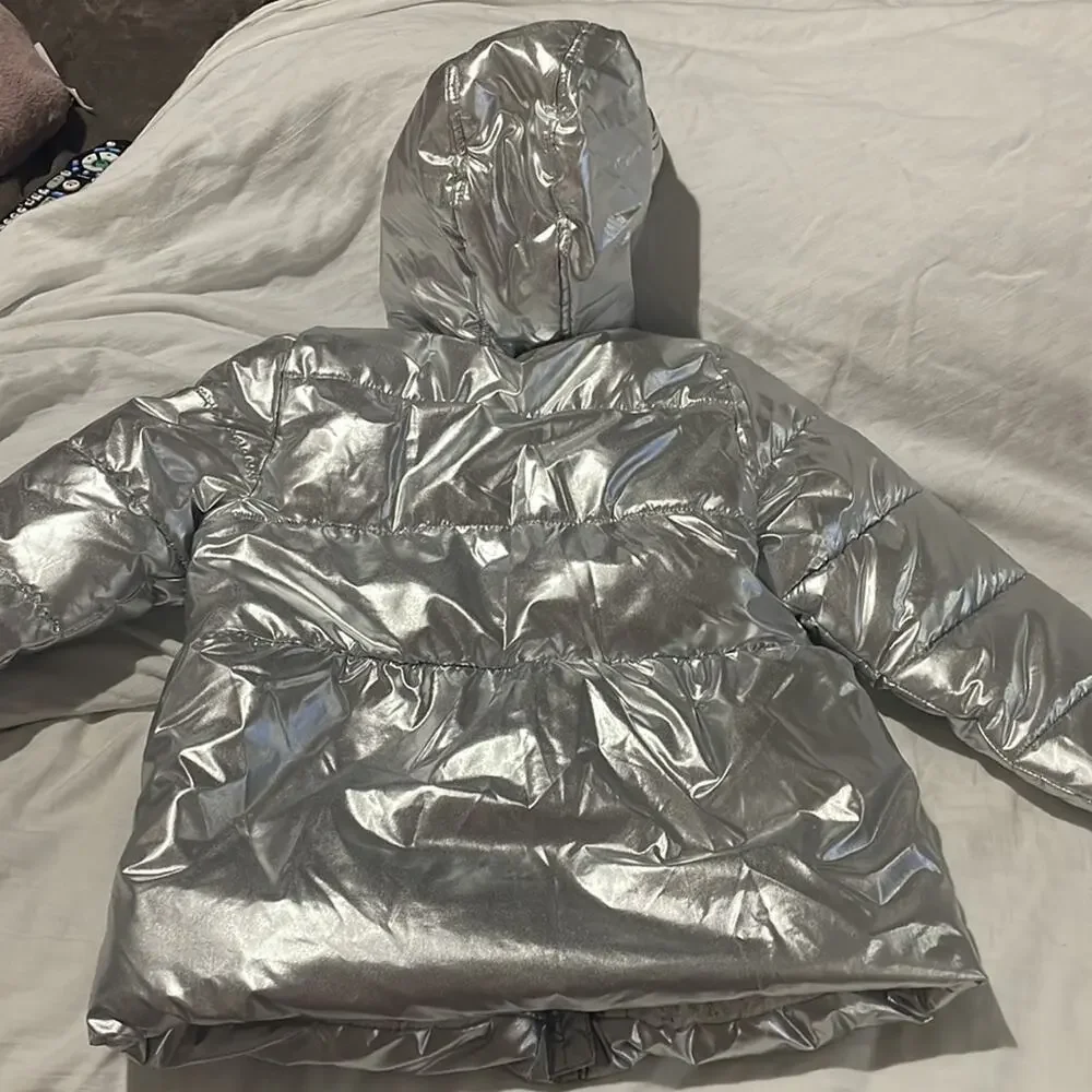 Members Mark 6 silver hooded puffer jacket sherpa lined warm pockets guc